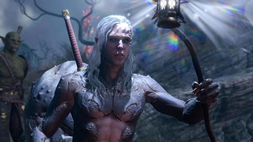 A humanoid with white hair and a sword strapped to their back holds a staff that emits a bright light. Behind them is a stoic goblin- or orc-like being.
