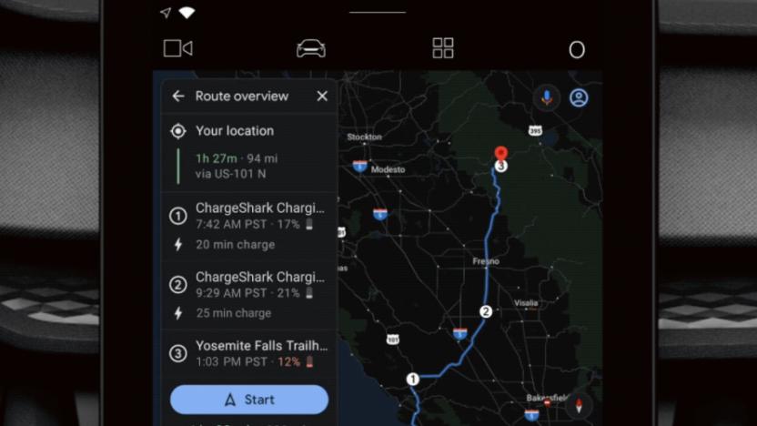 A version of Google Maps built in to electric vehicles that shows off route planning around charging stations.