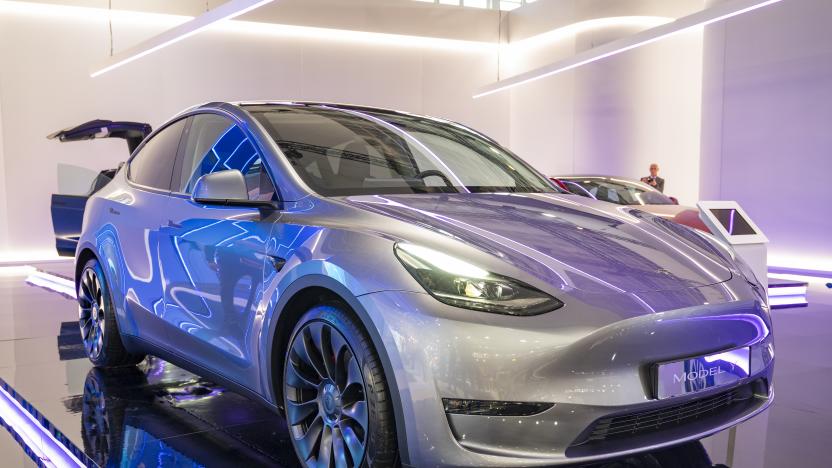 BRUSSELS, BELGIUM - JANUARY 13: Tesla Model Y full electric crossover SUV on dsipaly at Brussels Expo on January 13, 2023 in Brussels, Belgium. (Photo by Sjoerd van der Wal/Getty Images)