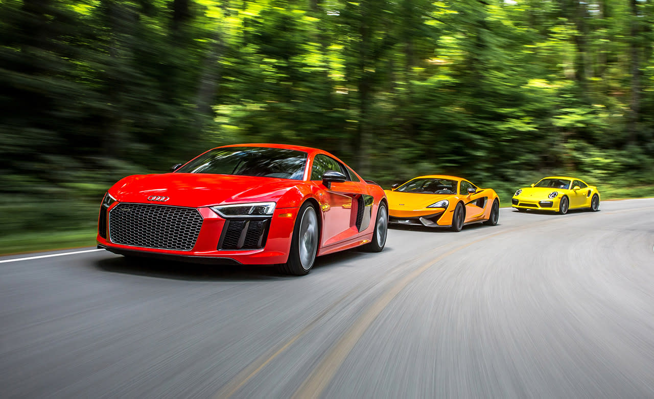 2017 Audi R8 V-10 Plus vs. 2016 McLaren 570S, 2017 Porsche 911 Turbo S