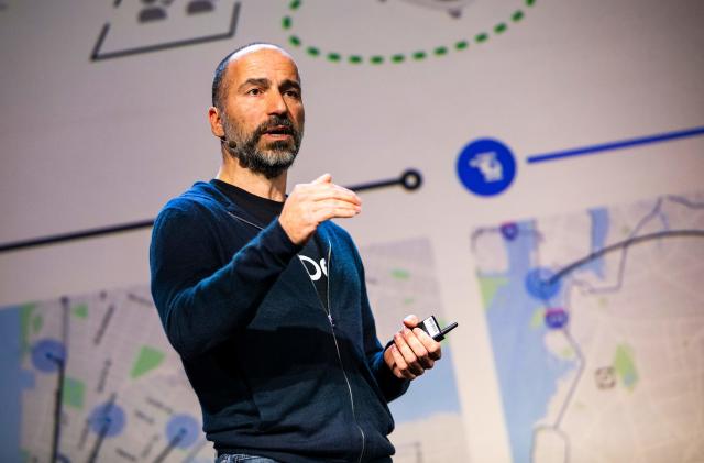 Uber CEO Dara Khosrowshahi addresses the audience during the keynote at the start an Uber products launch in San Francisco, California on September 26, 2019. - Uber on Thursday unveiled a new version of its smartphone app that weaves together services from shared rides to public transit schedules while adding more security features. The upgraded app is intended to let Uber users see, and ideally tap into, the company's array of options for getting around or having restaurant meals delivered. (Photo by Philip Pacheco / AFP) (Photo by PHILIP PACHECO/AFP via Getty Images)