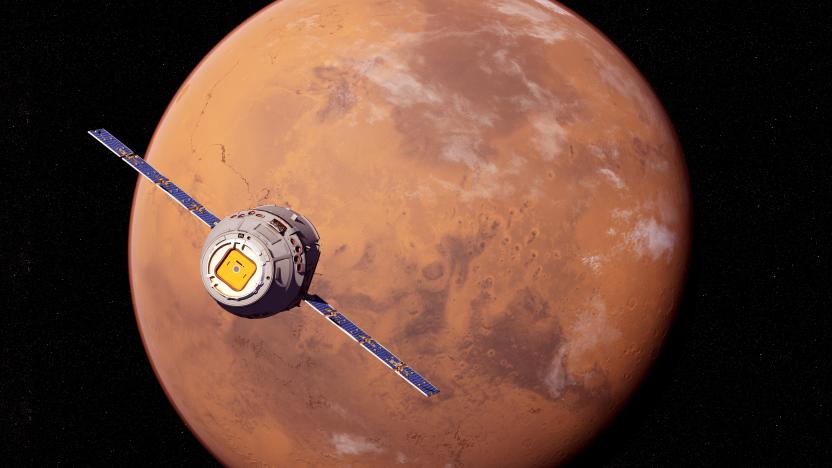 Illustration of a satellite in front of Mars.