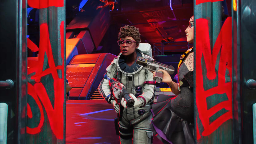 Gameplay still from the canceled multiplayer shooter ‘Hyenas’. A person in a spacesuit with a gun walks toward sliding doors with another (armed) person guarding the door with a pleased look. Futuristic indoor space setting.