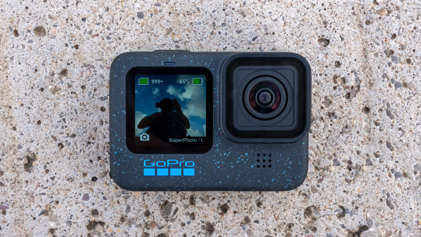 The new Hero 12 Black camera from GoPro is pictured against a concrete background.