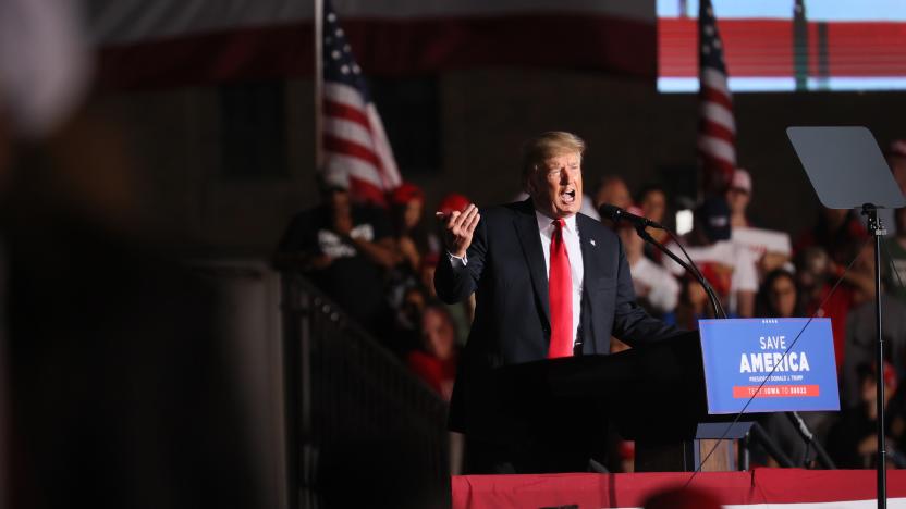 DES MOINES, IOWA - OCTOBER 09: Former President Donald Trump speaks to supporters during a rally at the Iowa State Fairgrounds on October 09, 2021 in Des Moines, Iowa. This is Trump's first rally in Iowa since the 2020 election.  (Photo by Scott Olson/Getty Images)