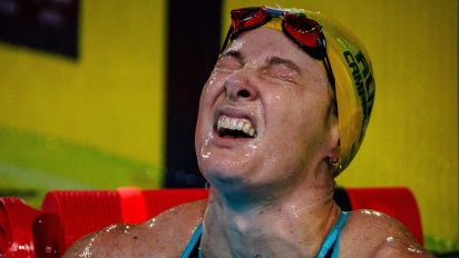Getty Images - Australia's Cate Campbell reacts after competing in the women's 100m freestyle heats during the Australian Swimming Trials at the Brisbane Aquatic Centre on June 14, 2024. (Photo by Patrick HAMILTON / AFP) / -- IMAGE RESTRICTED TO EDITORIAL USE - STRICTLY NO COMMERCIAL USE -- (Photo by PATRICK HAMILTON/AFP via Getty Images)