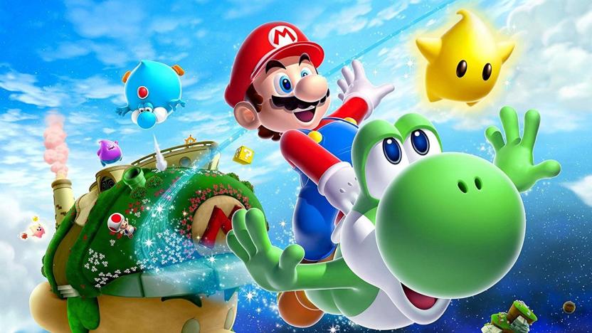 Game art of Mario riding Yoshi through space with a star character floating next to them. A small green planet, shaped like Mario’s head (with green grass for ‘hair’) looms behind them.