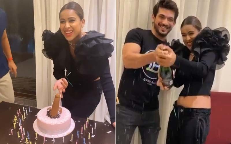 Nia Sharma Cuts A P Nis Shaped Cake On Her Dirty 30 Birthday Party Arjun Bijlani Pops Open A Bottle Of Champagne Inside Pics And Videos