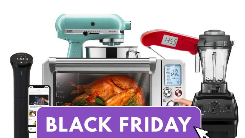 An array of kitchen gadgets sit behind a purple overlay that reads "Black Friday"