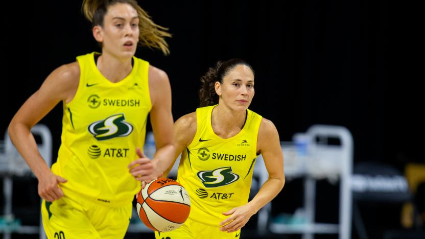 Oct 2, 2020; Bradenton, Florida, USA; Seattle Storm guard Sue Bird (10) drives during game one of the WNBA finals against the Las Vegas Aces at IMG Academy. Mandatory Credit: Mary Holt-USA TODAY Sports