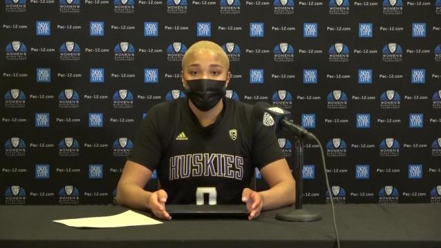 Quay Miller addresses media following Washington's quarterfinals loss to UCLA in the 2021 Pac-12 Women's Basketball Tournament