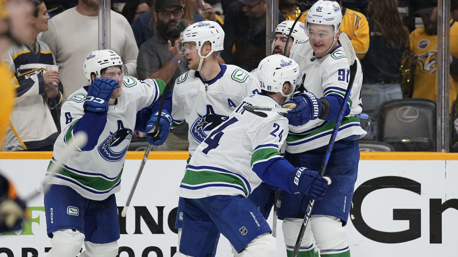 Associated Press - Vancouver Canucks center Pius Suter (24) is congratulated after his goal by teammates during the third period in Game 6 of an NHL hockey Stanley Cup first-round playoff series Friday, May 3, 2024, in Nashville, Tenn. The Canucks won 1-0. (AP Photo/George Walker IV)