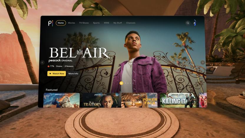 VR view of the Peacock app using a Meta Quest VR headset. The screen shows “Bel Air” with other featured series below it. The screen is surrounded by a standard VR home view.