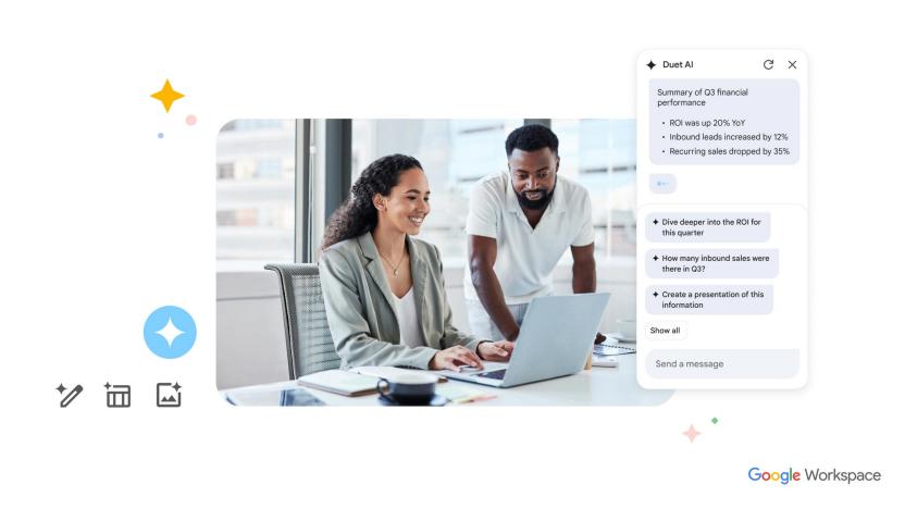 Google Duet AI key art, showing two people looking at a laptop. A screenshot shows the Duet AI chatbot interface.