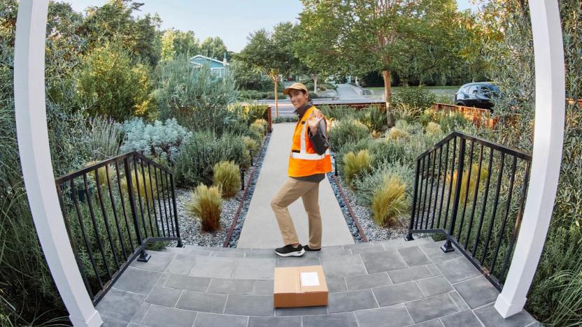 Simulated image taken from the new Ring Battery Doorbell Plus showing the 150 x 150-degree field of view, letting you see the floor in front of the door. In this image, a package delivery person is walking away from a package left in view of the camera.