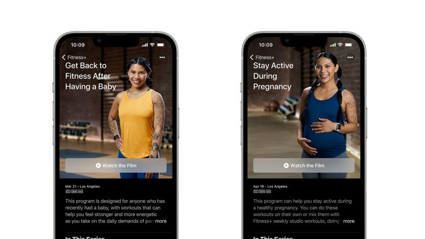 Two screenshots showing the Apple Fitness+ pages for "Get back to fitness after having a baby" and "Stay active during pregnancy" respectively.
