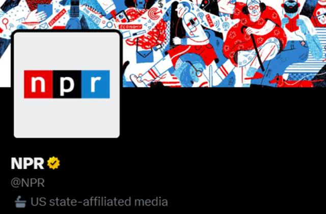 A screenshot of NPR's Twitter account, including a label that reads "US state-affiliated media."