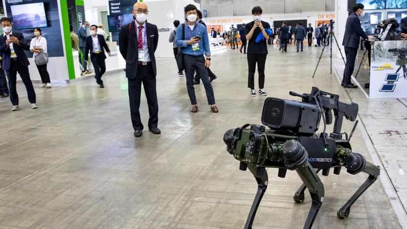 The Ghost Robotics Vision 60 exhibited during the Defense Expo Korea 2022, the biggest military weapon exhibition in the country, held at KINTEX (Korea International Exhibition and Convention Center) on September 21, 2022 in Goyang city, Gyeonggi, South Korea. The exhibition has been held every two years since 2014. This year, 350 companies are participating in the expo, an increase from 210 in 2020. This year, major military officers including defense ministers from 43 countries including Saudi Arabia, the United Arab Emirates, Slovakia and Romania are visiting. (Photo by Chris Jung/NurPhoto via Getty Images)
