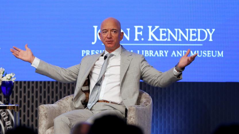 Jeff Bezos, founder of Amazon and Blue Origin speaks  during the JFK Space Summit, celebrating the 50th anniversary of the moon landing, at the John F. Kennedy Library in Boston, Massachusetts, U.S., June 19, 2019.  REUTERS/Katherine Taylor