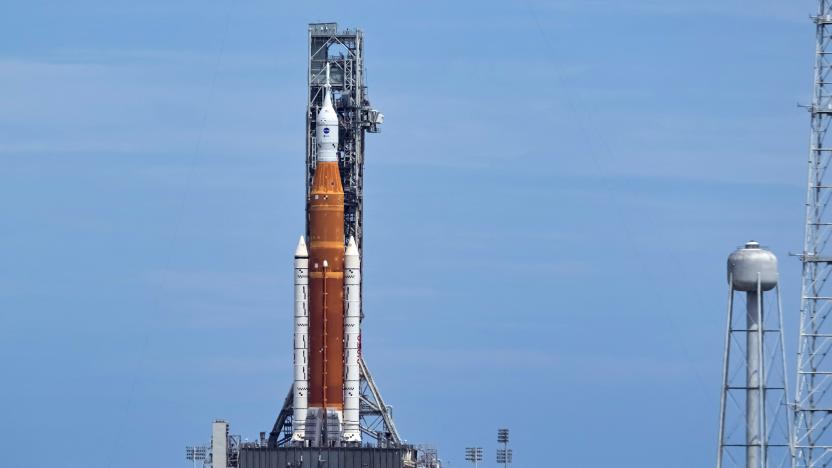 NASA's next-generation moon rocket, the Space Launch System (SLS), with the Orion crew capsule perched on top, stands on launch complex 39B one day after an engine-cooling problem forced NASA to delay the debut test launch at Cape Canaveral, Florida, U.S. August 30, 2022.  REUTERS/Steve Nesius