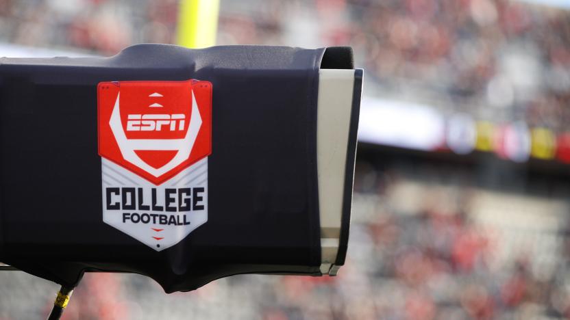 CINCINNATI, OH - DECEMBER 04: A TV camera with a ESPN College Football banner during the game against the Houston Cougars and the Cincinnati Bearcats on December 4, 2021, at Nippert Stadium in Cincinnati, OH. (Photo by Ian Johnson/Icon Sportswire via Getty Images)