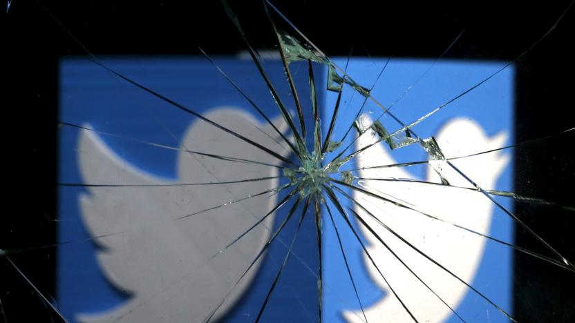 A 3D-printed Twitter logo is seen through broken glass, in this picture illustration taken February 8, 2016. Twitter shed 5.4 percent to hit a new record low of $14.87 after reports over the weekend that the company was planning to change how it display tweets.    REUTERS/Dado Ruvic/Illustration 