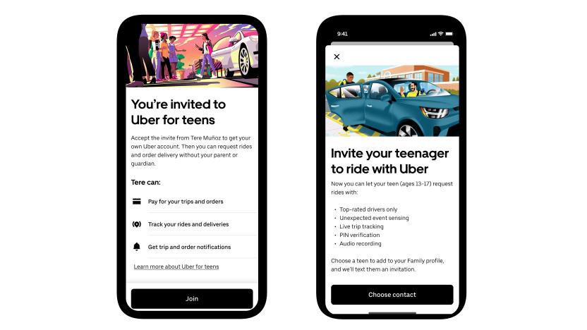 Uber screenshots reading "You're invited to Uber for teens" and "Invite your teenager to ride with Uber."