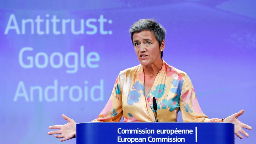 European Competition Commissioner Margrethe Vestager addresses a news conference on Google in Brussels, Belgium, July 18, 2018. REUTERS/Yves Herman      TPX IMAGES OF THE DAY