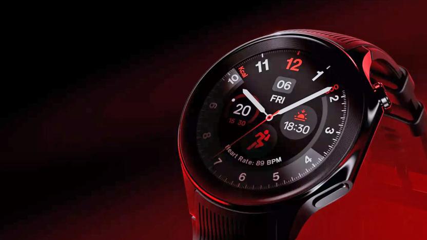 The face and some of the wrist band for the OnePlus Watch 2` are shown in a dark area with red highlights.