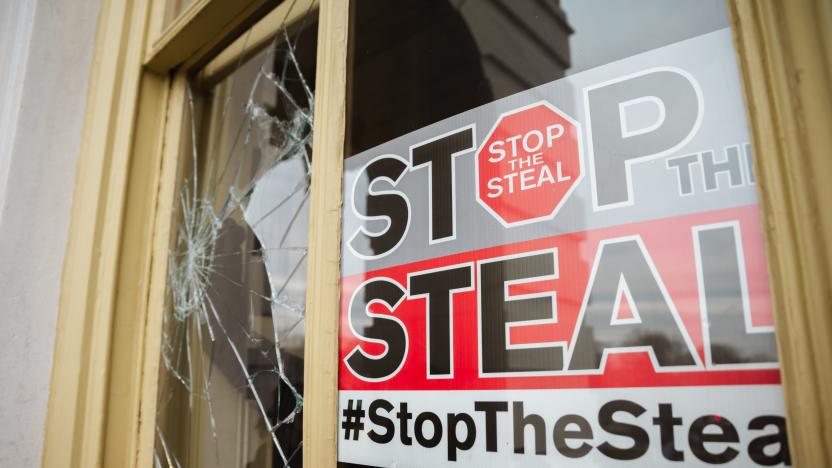 WASHINGTON, DC - JANUARY 06: A Stop The Steal is posted inside of the Capitol Building after a pro-Trump mob broke into the U.S. Capitol on January 6, 2021 in Washington, DC. A pro-Trump mob stormed the Capitol, breaking windows and clashing with police officers. Trump supporters gathered in the nation's capital today to protest the ratification of President-elect Joe Biden's Electoral College victory over President Trump in the 2020 election. (Photo by Jon Cherry/Getty Images)