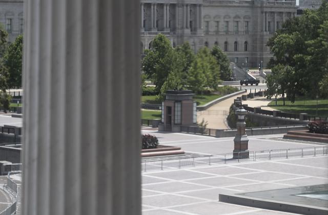 UNITED STATES - AUGUST 19: A pickup truck is parked in front of the Library of Congress during an active bomb threat across from the U.S. Capitol on Thursday, Aug. 19, 2021. Photo by Bill Clark/CQ-Roll Call, Inc via Getty Images)