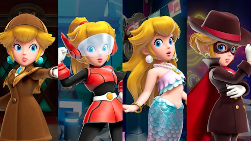 A promotional image showing Peach in various professional outfits. 