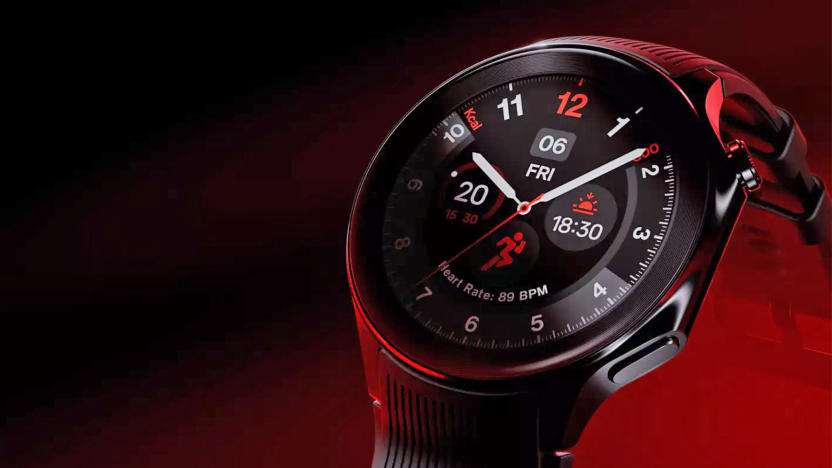 The face and some of the wrist band for the OnePlus Watch 2` are shown in a dark area with red highlights.