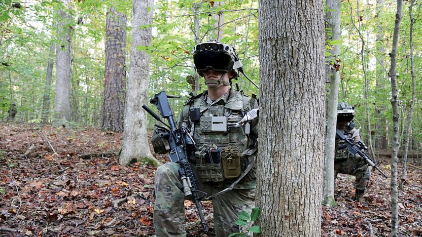 Soldiers don a prototype of the U.S. Army?s Integrated Visual Augmentation System (IVAS) during a Soldier Touchpoint 3 (STP 3) squad reconnaissance mission test training event at Fort Pickett, Virginia, U.S., October 21, 2020. Picture taken October 21, 2020. Courtney Bacon/U.S. Army via REUTERS