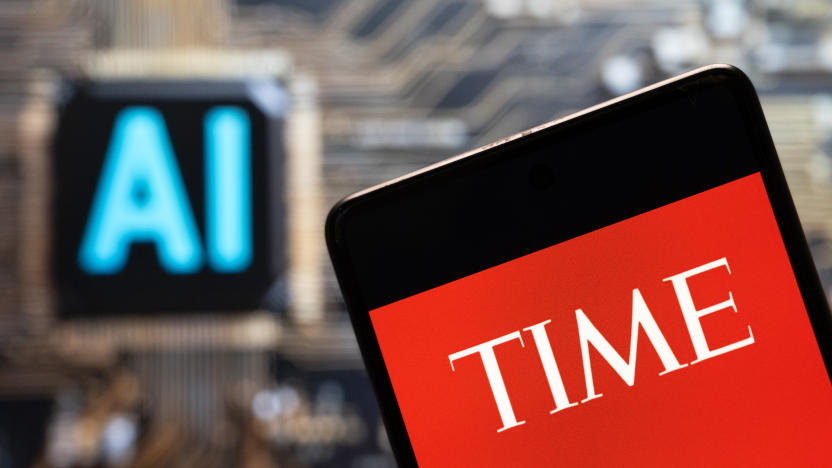 CHINA - 2023/11/03: In this photo illustration, the American weekly news magazine and news website Time logo seen displayed on a smartphone with an Artificial intelligence (AI) chip and symbol in the background. (Photo Illustration by Budrul Chukrut/SOPA Images/LightRocket via Getty Images)