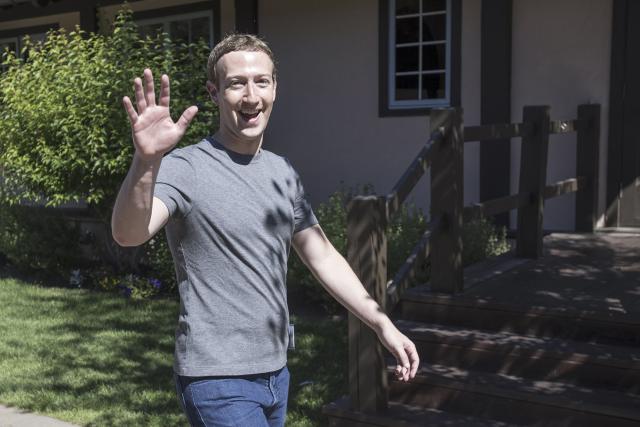 Mark Zuckerberg, chief executive officer and founder of Facebook Inc., waves after the morning session during the Allen & Co. conference in Sun Valley, Idaho, on July 13, 2017.