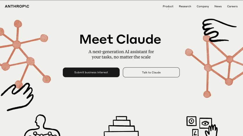 Screenshot of the landing webpage for Anthropic’s Claude AI. It says "Meet Claude," with the subheading, "A next-generation AI assistant for your tasks, no matter the scale." Simple line drawings representing knowledge and machine learning surround the text.