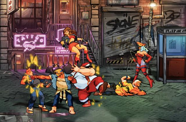 A still from the video game 'Streets of Rage' showing several characters brawling on a city street.