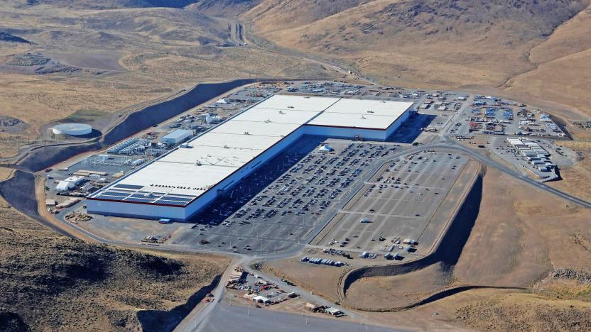 The Tesla Gigafactory seen from the top of a surrounding hill.