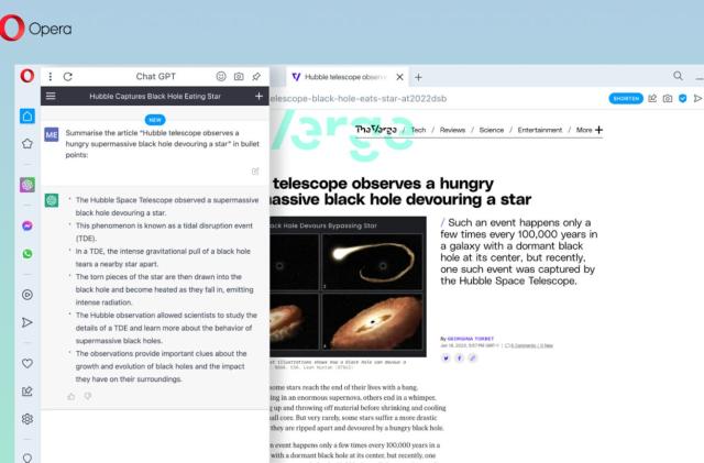 A screenshot showing off Opera's new ChatGPT integration, which includes a sidebar for creating summaries of articles and webpages. 