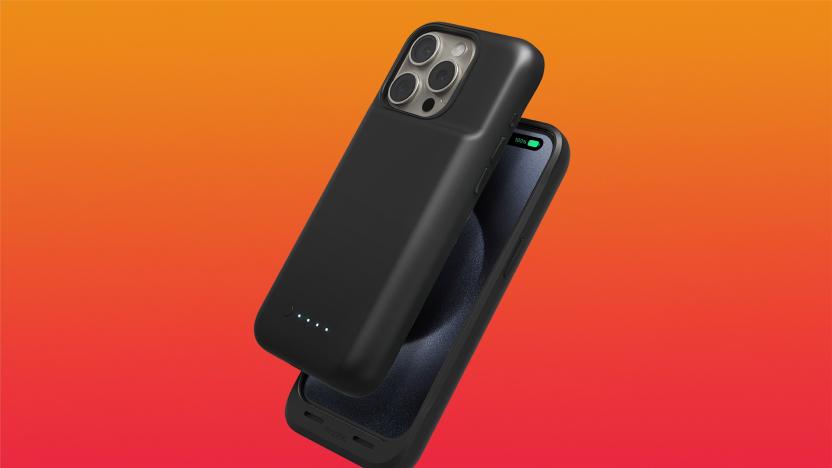 Product image of the Mophie Juice Pack (2024). The battery case houses an iPhone 15 in front of an orange-red gradient.
