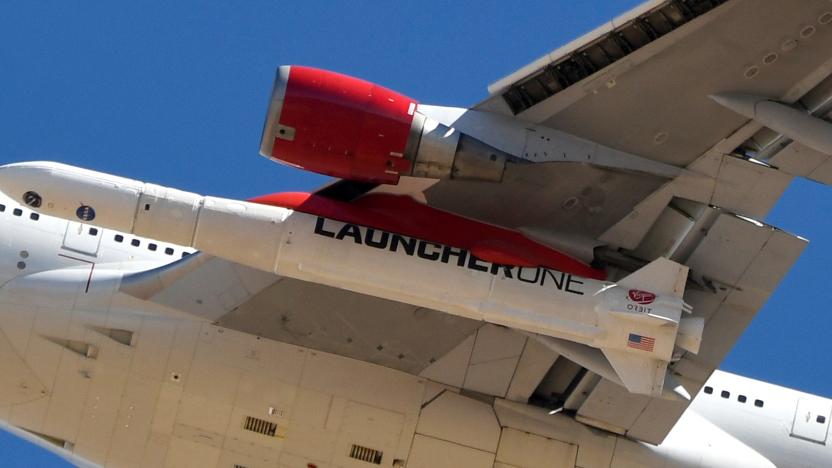 A view of Richard Branson's Virgin Orbit, with a rocket underneath the wing of a modified Boeing 747 jetliner, during test launch of its high-altitude launch system for satellites from Mojave, California, U.S. January 17, 2021.  REUTERS/Gene Blevins