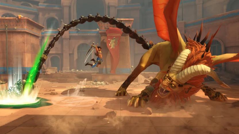 A still from the game showing a hero stabbing a dragon.