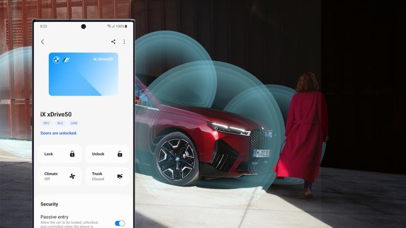 A digital key to lock and unlock a red BMW, among other features. A BMW and woman are in the background. 