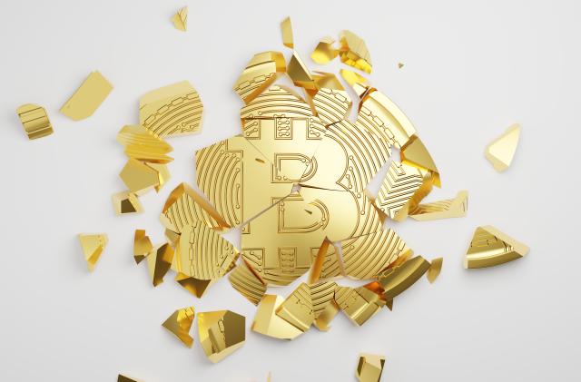 3D rendering gold Bitcoin Break down, Cryptocurrency investment technology digital money crash crisis concept design on white background