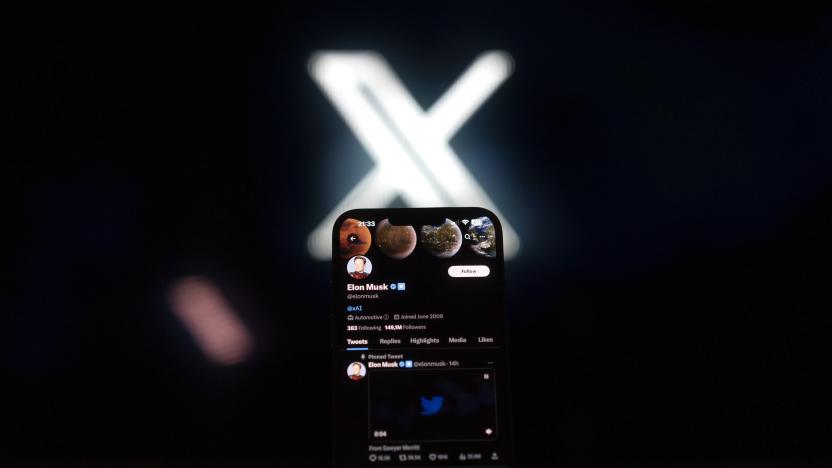 Elon Musk's Twitter page is seen on a mobile device with the X logo in the background in this photo illustration on 23 July, 2023 in Warsaw, Poland. (Photo by Jaap Arriens/NurPhoto via Getty Images)