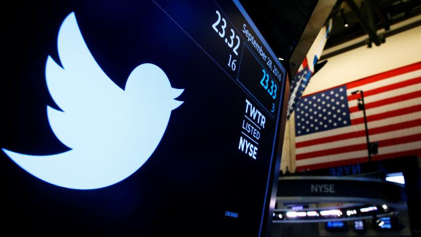 The Twitter logo is displayed on a screen on the floor of the New York Stock Exchange (NYSE) in New York City, U.S. on September 28, 2016. REUTERS/Brendan McDermid/File Photo