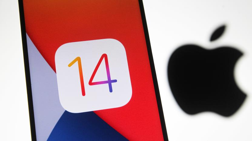 UKRAINE - 2020/10/14: In this photo illustration the iOS 14 logo of the iOS mobile operating system is seen displayed on a mobile phone with an Apple logo in the background. (Photo Illustration by Pavlo Gonchar/SOPA Images/LightRocket via Getty Images)