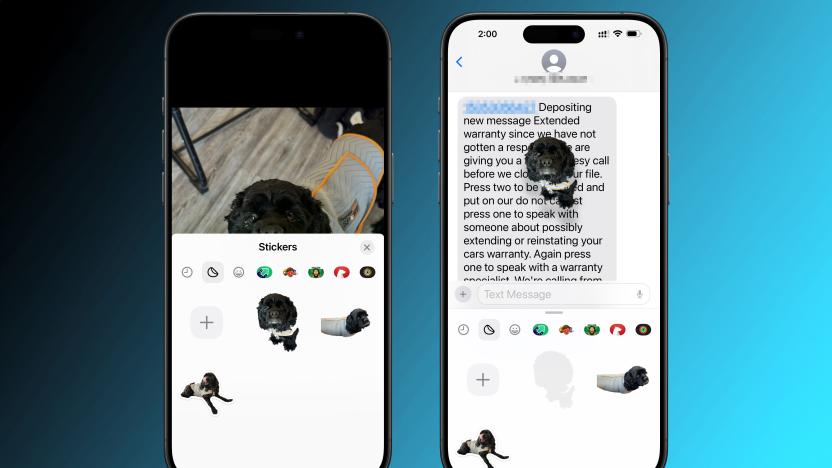 Two iPhones sitting side-by-side in front of a blue / black gradient. The iPhones' screens show the creation process for custom stickers from photos in iOS 17. A black cocker spaniel is the sticker.