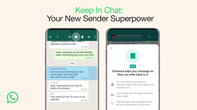 Text at the top of the graphic reads "Keep in Chat: Your New Sender Superpower." A screenshot of WhatsApp shows one messages in a thread being highlighted in blue. A second screenshot reads "Someone kept your message so they can refer back to it."